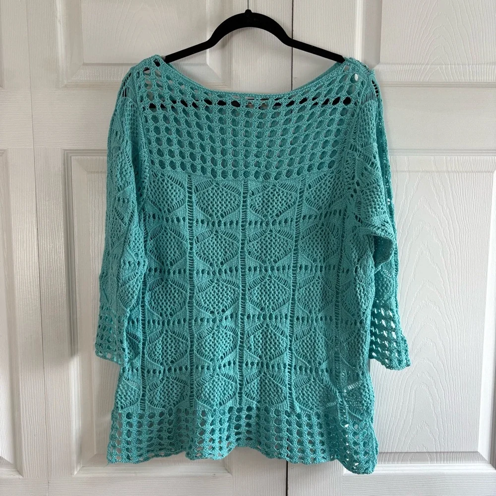 Jeanne Pierre Turquoise Blue Crochet Cover Up Tunic‎ Top XL Boho Coastal Granny - Picture 5 of 7